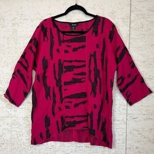ALI MILES Linen Blend Art To Wear Top Large Magenta Black Abstract Print Tunic